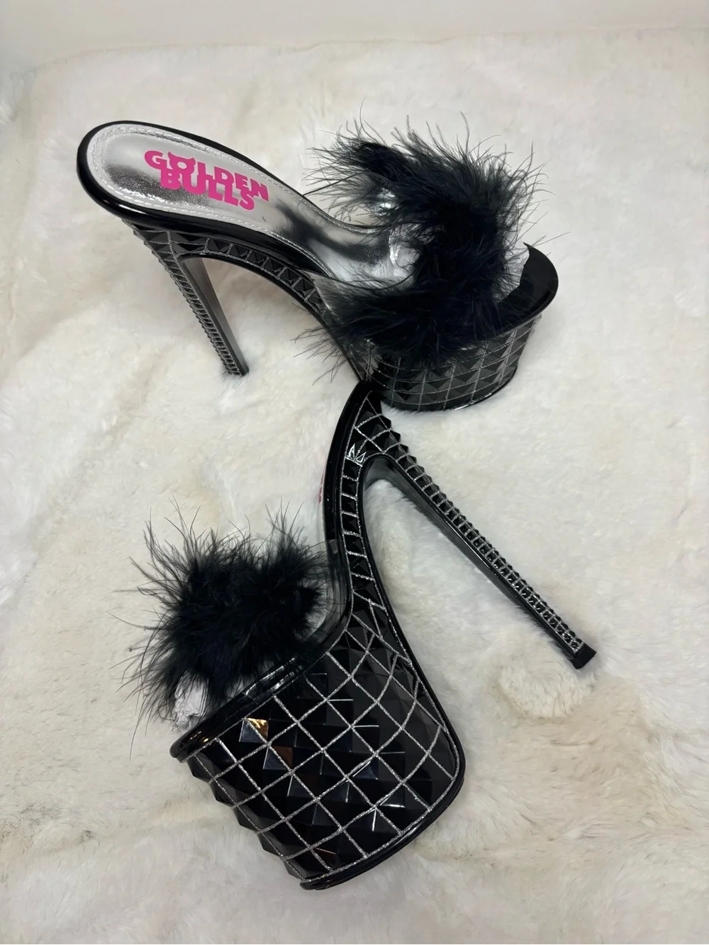 Black Feather Platform Mules with Plush Strap - Picture 3 of 4